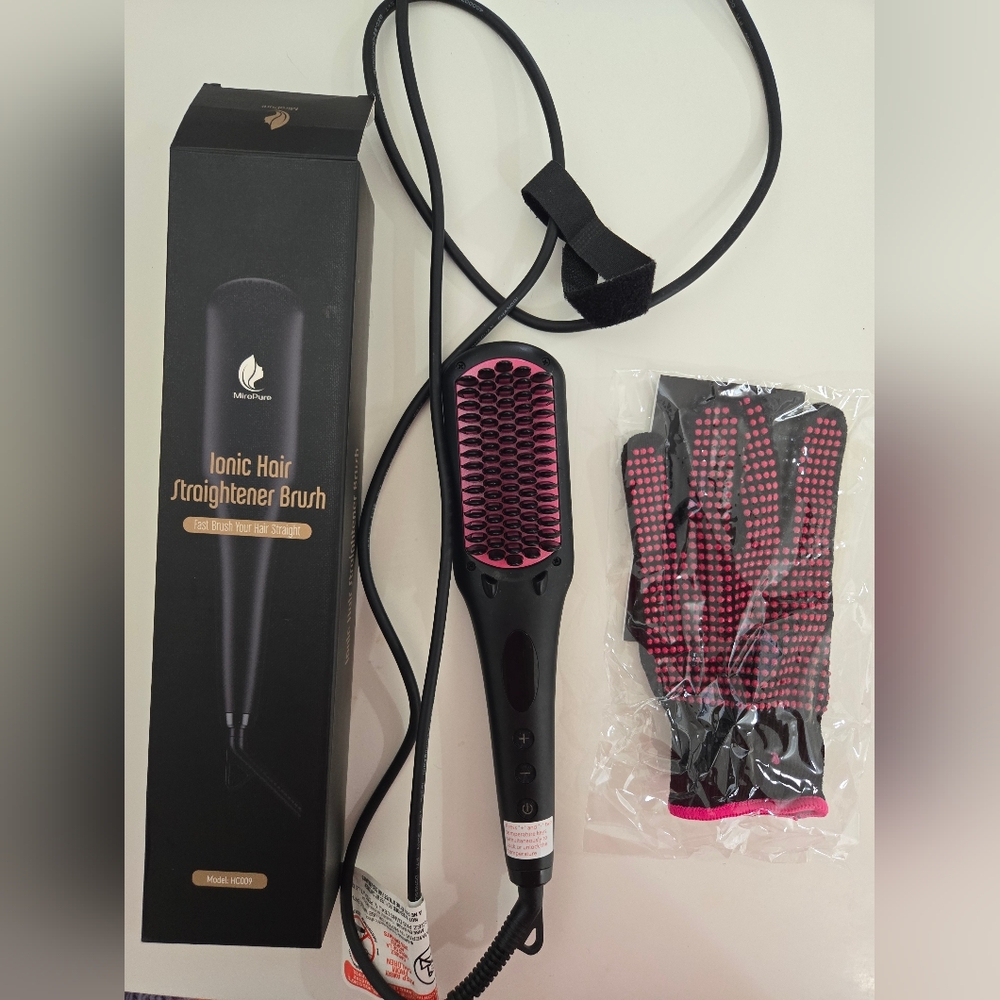 Ionic Hair Straightener Brush - Black and Pink + Heat Glove